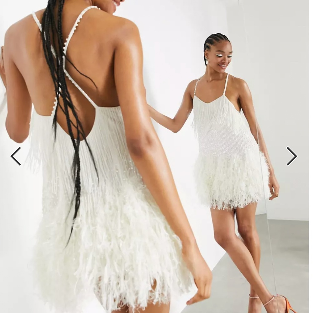 ASOS EDITION White Pearl Embellished Beaded Cami Dress with Feathers Size 2